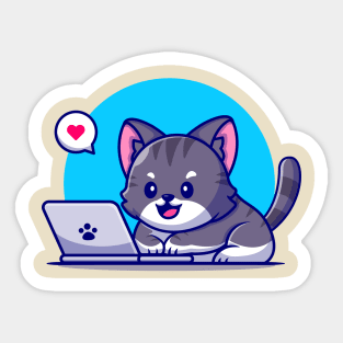 Cute Cat Working On Laptop Cartoon Sticker